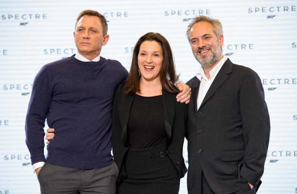 Daniel Craig, Barbara Broccoli and Sam Mendes at the Spectre premiere at Pinewood Studios in 2014 - Fiona Hanson