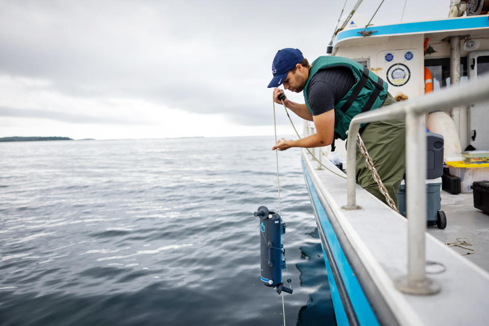 A team of Dalhousie University students and researchers collects baseline data at sea off Halifax, Nova Scotia, last August.  (Riley Smith for NBC News)