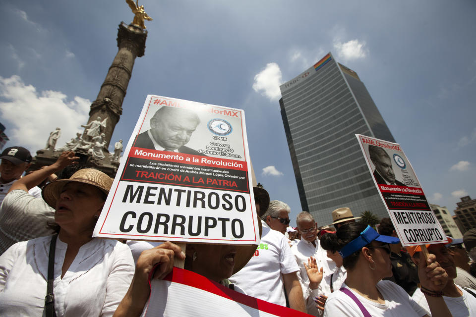 People take part in the so-called "We Revive Mexico" march against Mexican President Andres Manuel Lopez Obrador's policies in Mexico City, on June 30, 2019. (Photo by ANTONIO NAVA / AFP)        (Photo credit should read ANTONIO NAVA/AFP/Getty Images)