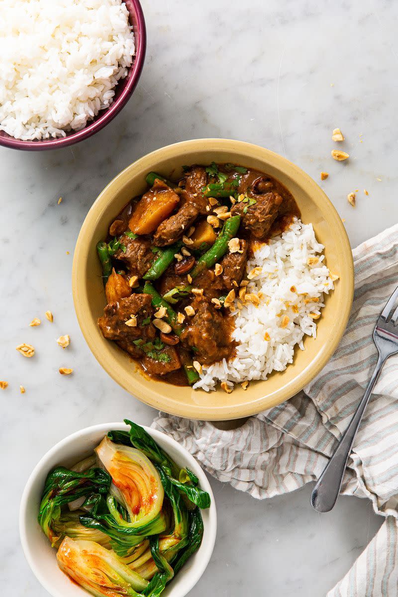 <p>Beef Massaman <a href="https://www.delish.com/uk/curry-recipes/" rel="nofollow noopener" target="_blank" data-ylk="slk:Curry;elm:context_link;itc:0;sec:content-canvas" class="link ">Curry</a> is the dish of dreams, and one of our favourite <a href="https://www.delish.com/uk/cooking/recipes/g30761979/thai-food/" rel="nofollow noopener" target="_blank" data-ylk="slk:Thai;elm:context_link;itc:0;sec:content-canvas" class="link ">Thai</a> recipes. The sauce is rich in flavour and the <a href="http://www.delish.com/uk/beef-recipes/" rel="nofollow noopener" target="_blank" data-ylk="slk:beef;elm:context_link;itc:0;sec:content-canvas" class="link ">beef</a> falls apart beautifully. The main ingredients of a Massaman curry include your meat, along with coconut milk, onion, peanuts, potatoes, palm sugar, tamarind sauce and a range of spices.</p><p>Get the <a href="https://www.delish.com/uk/cooking/recipes/a30621972/beef-massaman-curry/" rel="nofollow noopener" target="_blank" data-ylk="slk:Beef Massaman Curry;elm:context_link;itc:0;sec:content-canvas" class="link ">Beef Massaman Curry</a> recipe.</p>