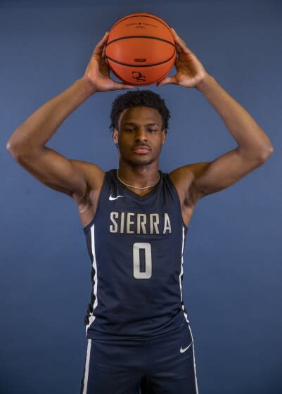 CHATSWORTH, CA - OCTOBER 27, 2021: Bronny James, a member of the Sierra High School boys basketball team, and son of Los Angeles Lakers great Lebron James, is photographed during media day inside the school's gymnasium. (Mel Melcon / Los Angeles Times)