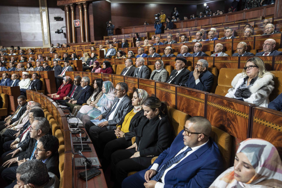 Lawmakers convene during a session denouncing a European Parliament resolution, in the Moroccan parliament in Rabat, Monday, Jan. 23, 2023. Morocco’s parliament announced it would re-evaluate its partnership with the European Parliament after a recent resolution criticized press freedom in Morocco. (AP Photo/Mosa'ab Elshamy)