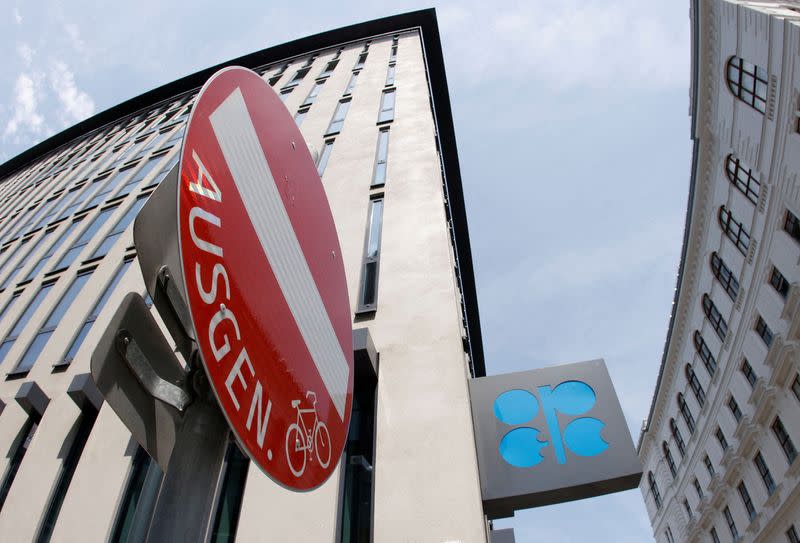 View shows the logo of the Organization of the Petroleum Exporting Countries (OPEC) on their headquarters in Vienna