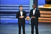 Emmy hosts Colin Jost (L) and Michael Che (R) -- both actors on "Saturday Night Live" -- did not hold back with their jokes