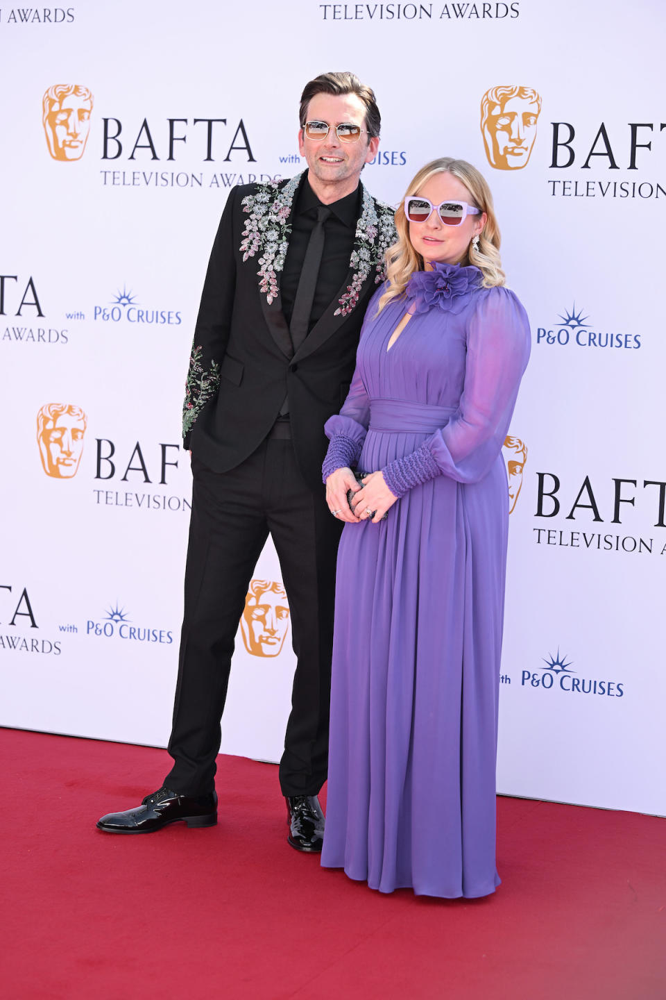 David Tennant in Christian Louboutin shoes and Georgia Moffett attend the BAFTA Television Awards 2024 with P&O Cruises at The Royal Festival Hall on May 12, 2024 in London, England. 