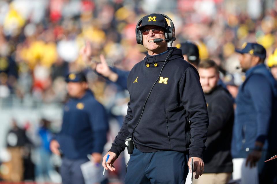 Michigan head coach Jim Harbaugh watches a play against Ohio State during the second half at Ohio Stadium in Columbus, Ohio, on Saturday, Nov. 26, 2022.