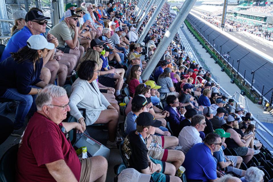 Fans cheer during Firestone Fast Six qualifying on Sunday, May 21, 2023, on the second day of qualifying ahead of the 107th running of the Indianapolis 500 at Indianapolis Motor Speedway.