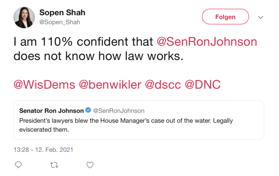 Shah quote-tweets Sen. Johnson's comment on Trump's second impeachment trial.