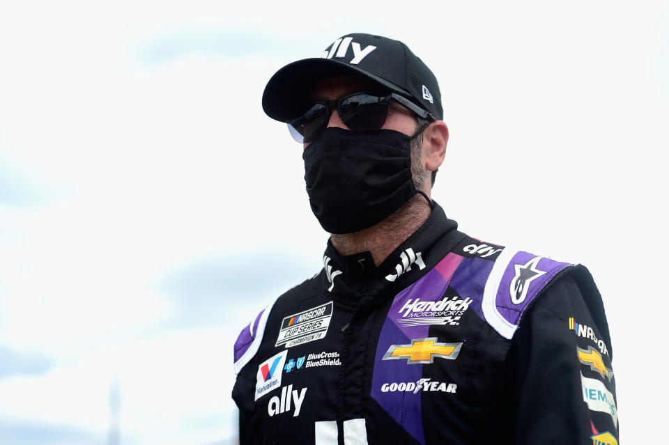 LONG POND, PENNSYLVANIA - JUNE 28: Jimmie Johnson, driver of the #48 Ally Chevrolet, walks on the grid prior to the NASCAR Cup Series Pocono 350 at Pocono Raceway on June 28, 2020 in Long Pond, Pennsylvania. (Photo by Jared C. Tilton/Getty Images)