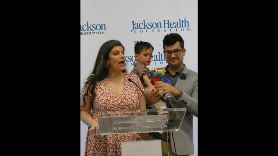 Patricia Fusco, 37, and Andrew Fusco, 39 share how the doctors and staff at Jackson Health helped save the life of their son Joseph Patrick, 2, who was born prematurely, during a news conference on Wednesday, Feb. 28, 2024 at the Lynn Rehabilitation Center in Miami announcing a new fundraising campaign for the public hospital system.