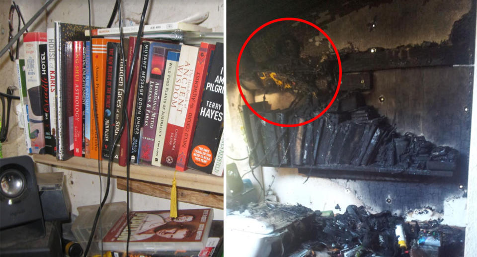 Pictured is a before and after of a bookshelf below where the power board was positioned inside Mr Happ's work shed in Wollongong.