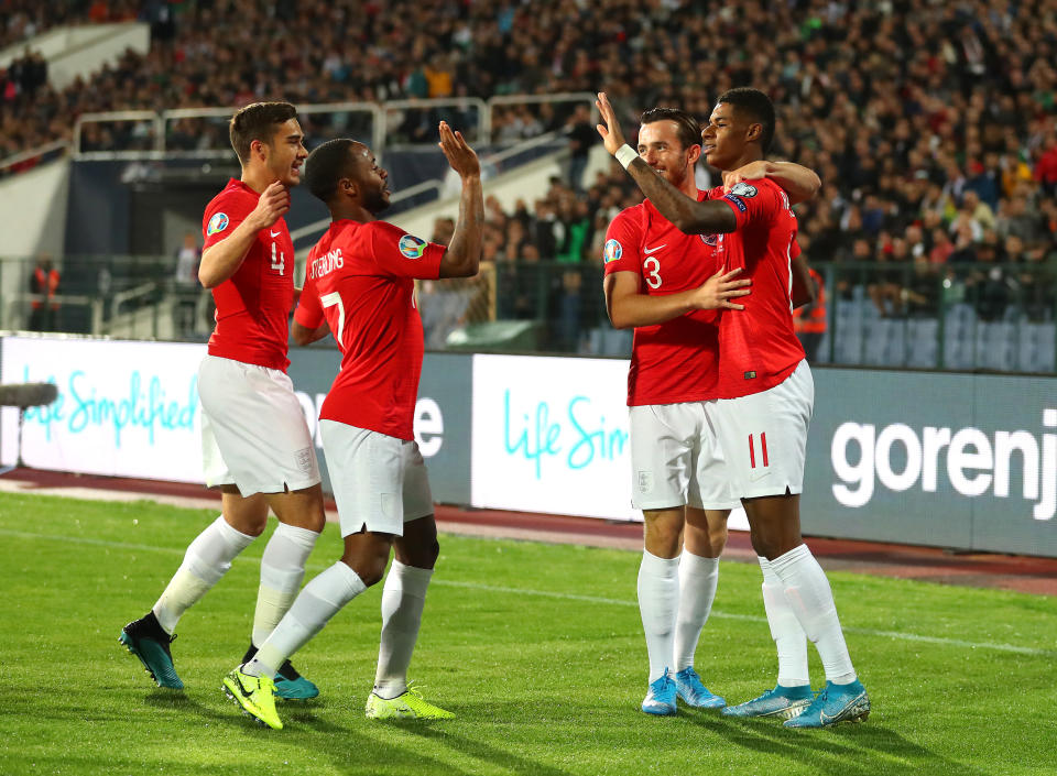 SOFIA, BULGARIA - OCTOBER 14: Marcus Rashford of England celebrates with team mates after he scores his sides first goal during the UEFA Euro 2020 qualifier between Bulgaria and England on October 14, 2019 in Sofia, Bulgaria. (Photo by Catherine Ivill/Getty Images)