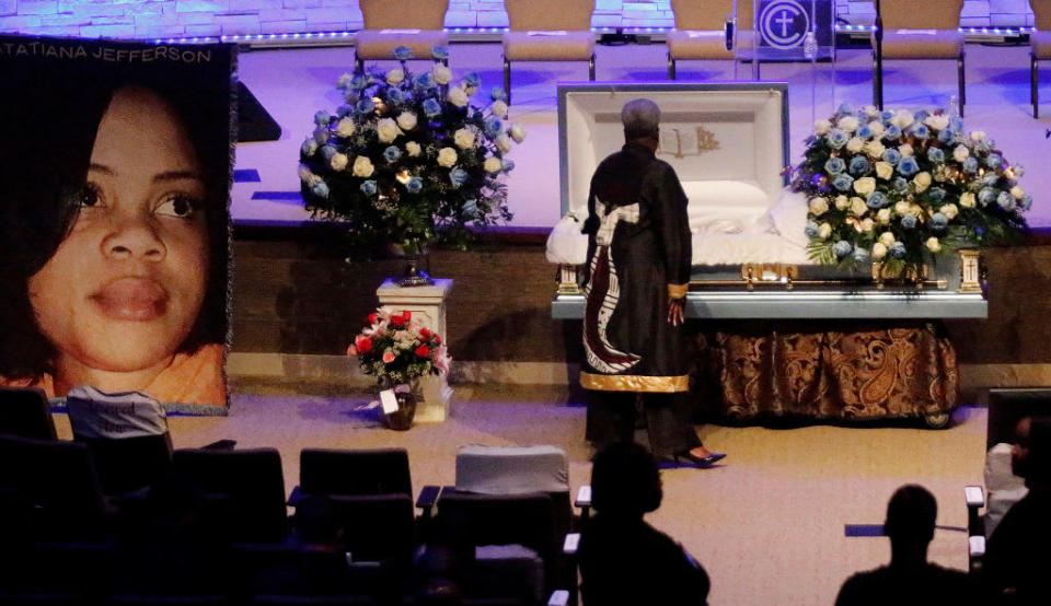 <div class="inline-image__caption"><p>A mourner pays respects before the start of the funeral service for Atatiana Jefferson on October 24, 2019, at Concord Church in Dallas, Texas. </p></div> <div class="inline-image__credit">Stewart F. House/Getty Images</div>