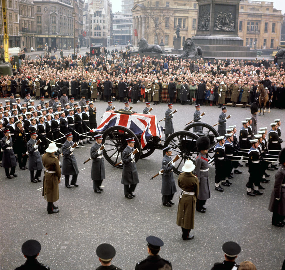 File photo dated 30/1/1965 of the gun carriage carrying the coffin of Sir Winston Churchill crossing Trafalgar Square, London, during his state funeral. Issue date: Thursday September 8, 2022.