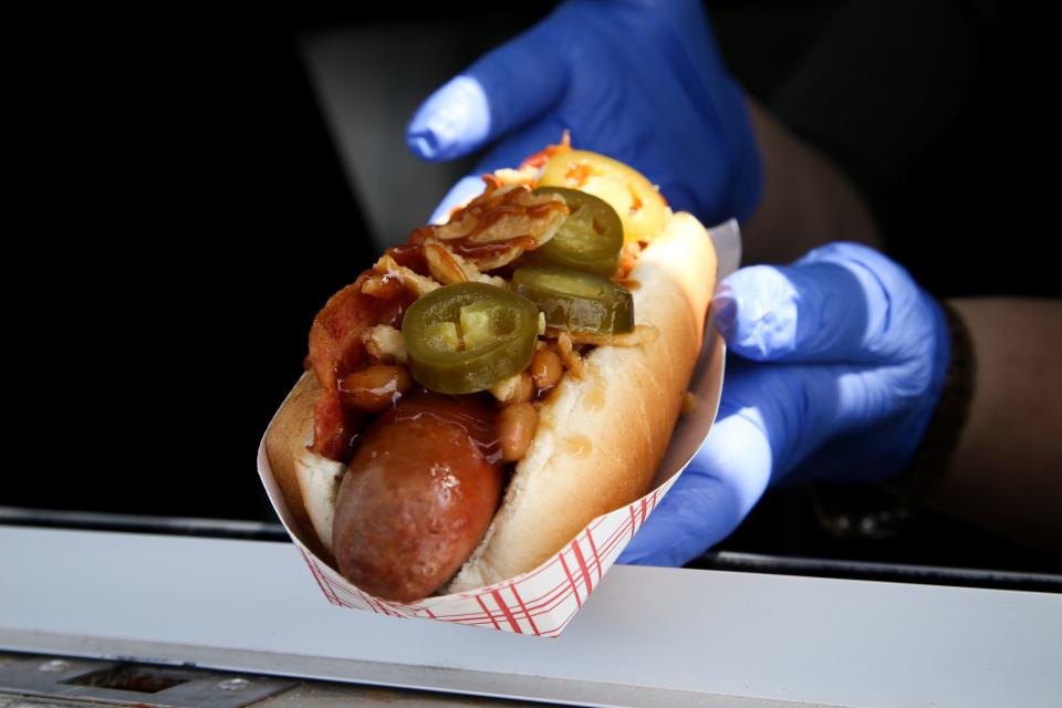 The Cowboy hot dog from local food truck The Dogfather II at the inaugural Shoreline Food Truck Festival on Saturday, Feb. 25, 2023.