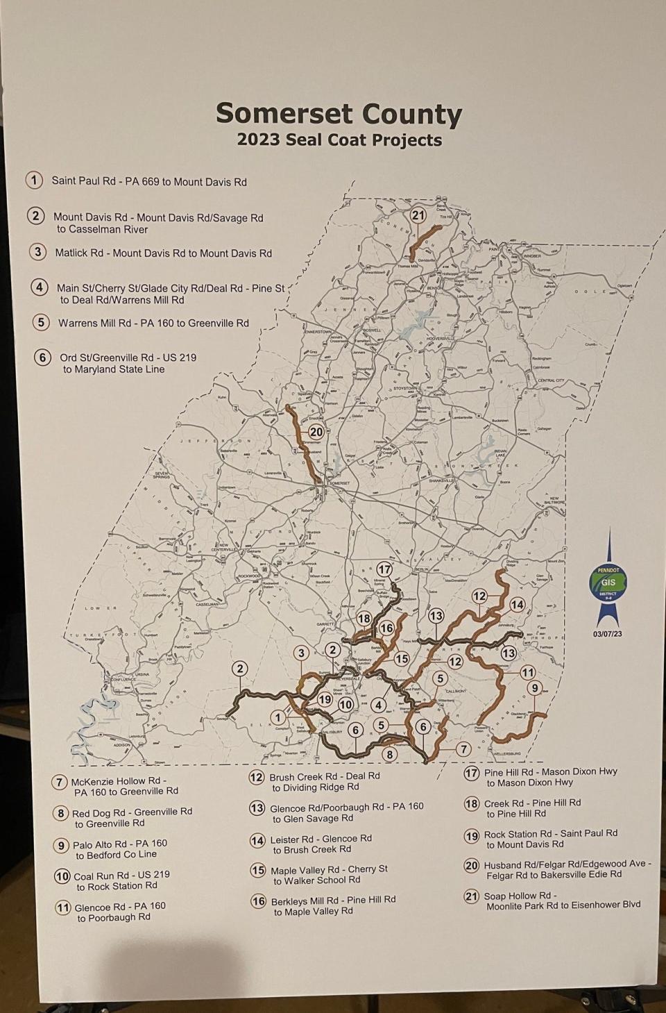 This poster, produced by District 9, shows where PennDOT intends to do seal coating on roads in Somerset County this year.