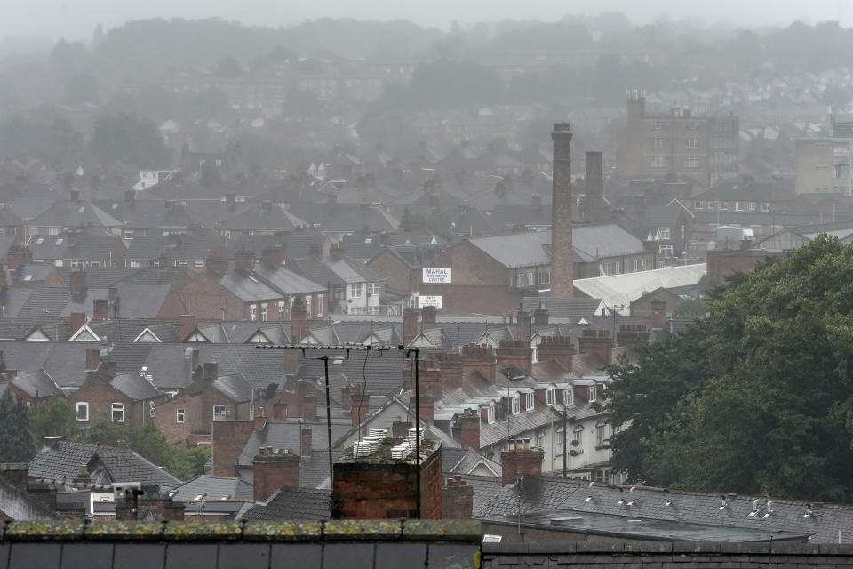 LEICESTER, ENGLAND - JULY 09: Inclement weather shrouds the roofs of homes and factories in Leicester's North Evington and Spinney Hills neighbourhood on July 09, 2020 in Leicester, England. Businesses in the city had to close again on June 30 after a spike in coronavirus cases. Elsewhere in England, pubs, restaurants and other public spaces could reopen as of July 4. (Photo by Christopher Furlong/Getty Images)