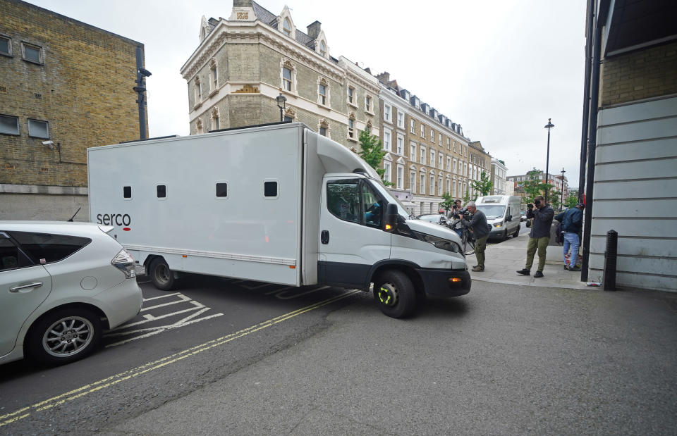 A custody van arrives at Westminster Magistrates' Court, central London, where three men are appearing charged under the National Security Act of assisting a foreign intelligence service in Hong Kong. Chi Leung (Peter) Wai, 38, of Staines-upon-Thames, Matthew Trickett, 37, of Maidenhead, and Chung Biu Yuen, 63, of Hackney, have each been charged with assisting a foreign intelligence service, contrary to section 3(1) and (9) of the National Security Act 2023. They have also each been charged with foreign interference, contrary to section 13(2) and (7) of the National Security Act 2023. Picture date: Monday May 13, 2024. (Photo by Yui Mok/PA Images via Getty Images)