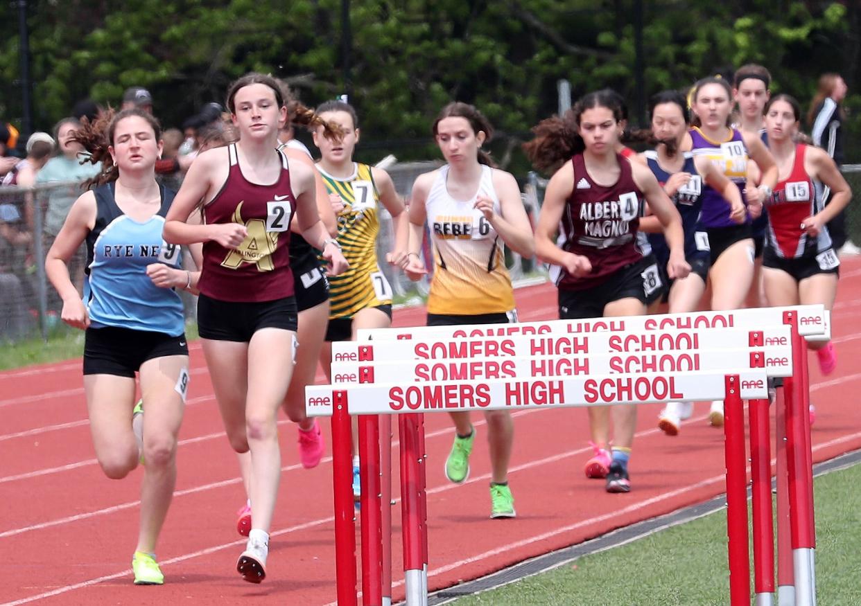 The girls 1500 meter race during the Somers Lions Club Joe Wynne Invitational track and field meet at Somers High School May 4, 2024.
