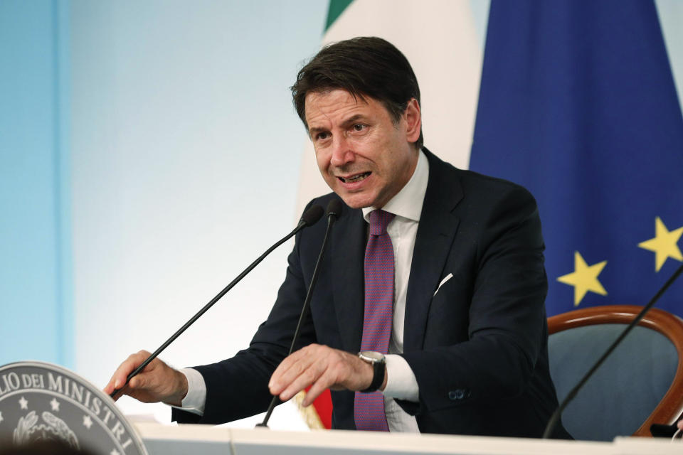 Italian Prime Minister Giuseppe Conte attends a press conference at the end of a Cabinet Minister meeting in Rome, Wednesday, Nov. 6, 2019. Worried about big job losses, Italy’s government met Wednesday with Indian steel baron Lakshmi Mittal and other company executives to try and convince ArcelorMittal, the world's largest steelmaker, not to pull out of a deal to acquire the steel plant in southern Italy. (Giuseppe Lami/ANSA Via AP)