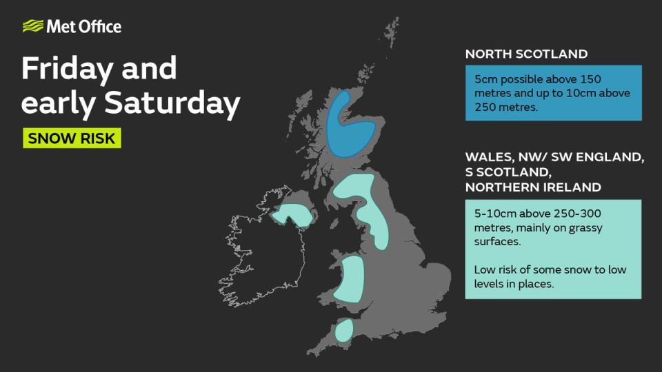 Met Office forecast for Friday shows more snow falling on higher grounds, with up to 10cm expected in hilly regions (Met Office)