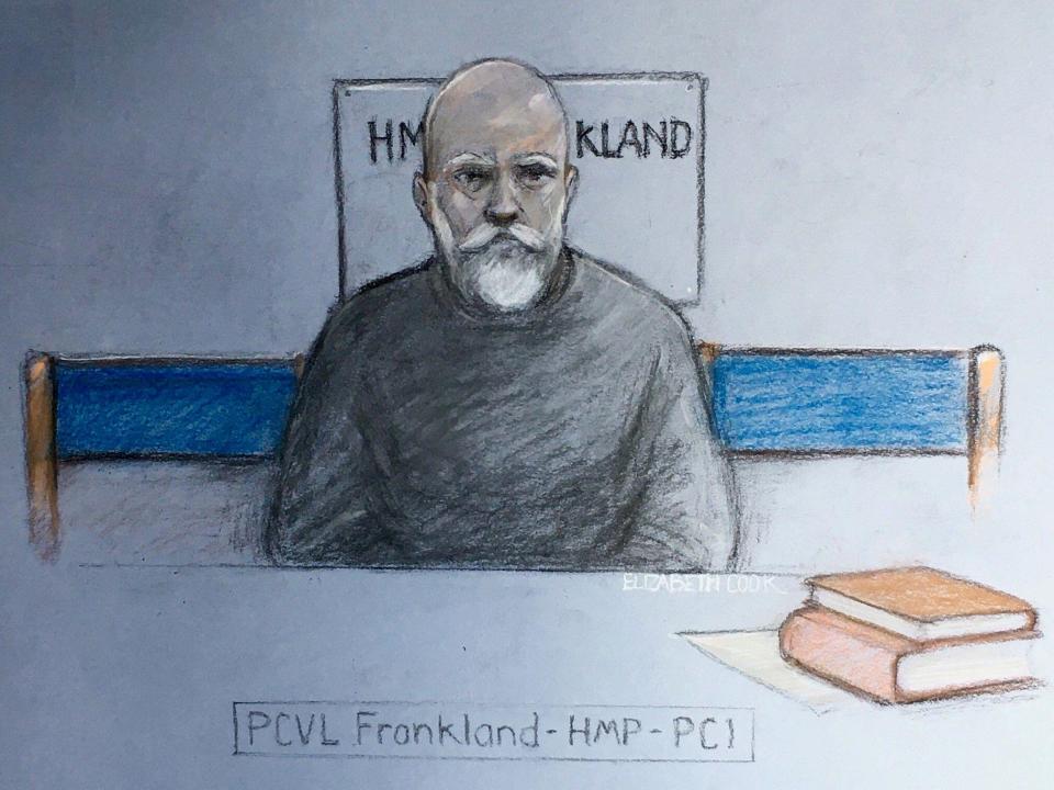 Court artist sketch by Elizabeth Cook of Wayne Couzens attending a hearing at the Old Bailey, by video link from HPM Frankland, as he faces four charges of indecent exposure. Picture date: Tuesday May 24, 2022.