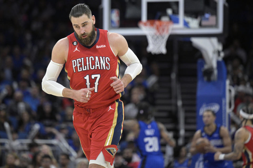 New Orleans Pelicans center Jonas Valanciunas (17) jogs up the court after scoring a 3-pointer during the first half of the team's NBA basketball game against the Orlando Magic, Friday, Jan. 20, 2023, in Orlando, Fla. (AP Photo/Phelan M. Ebenhack)