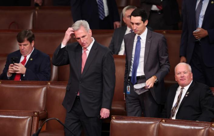 U.S. House Republican Leader Kevin McCarthy (R-CA) scratches his head in the House Chamber during the third day of elections for Speaker of the House at the U.S. Capitol Building on January 05, 2023 in Washington, DC. The House of Representatives is meeting to vote for the next Speaker after House Republican Leader Kevin McCarthy (R-CA) failed to earn more than 218 votes on several ballots; the first time in 100 years that the Speaker was not elected on the first ballot. (Photo by Win McNamee/Getty Images)