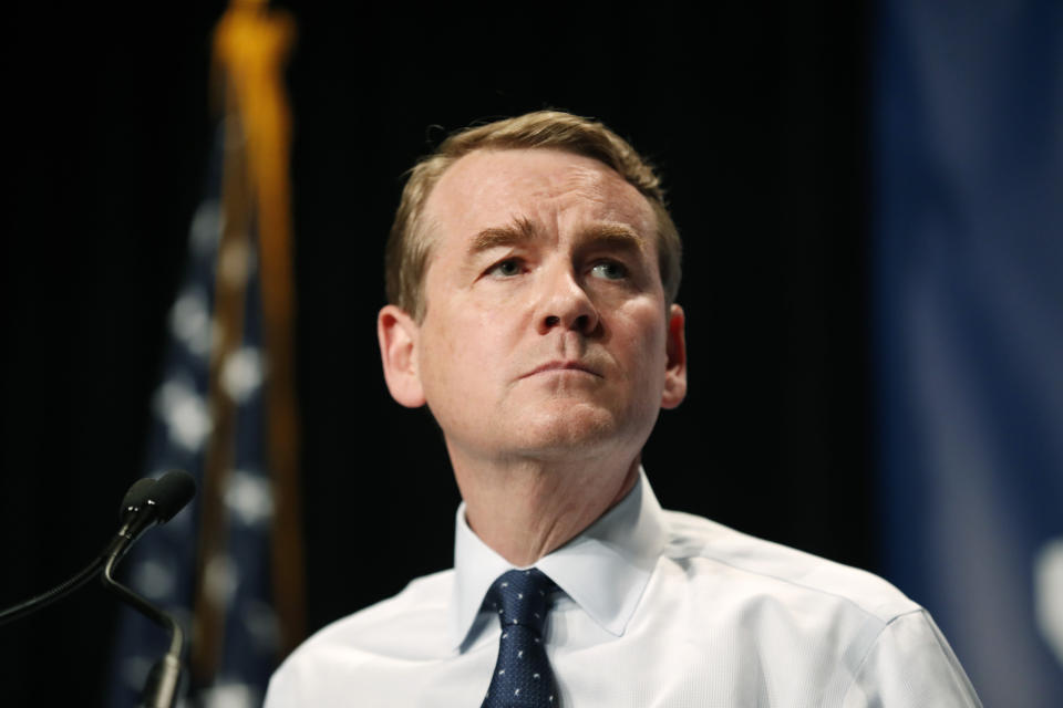 Democratic presidential candidate Michael Bennet speaks during the Iowa Democratic Party's Hall of Fame Celebration, Sunday, June 9, 2019, in Cedar Rapids, Iowa. (AP Photo/Charlie Neibergall)