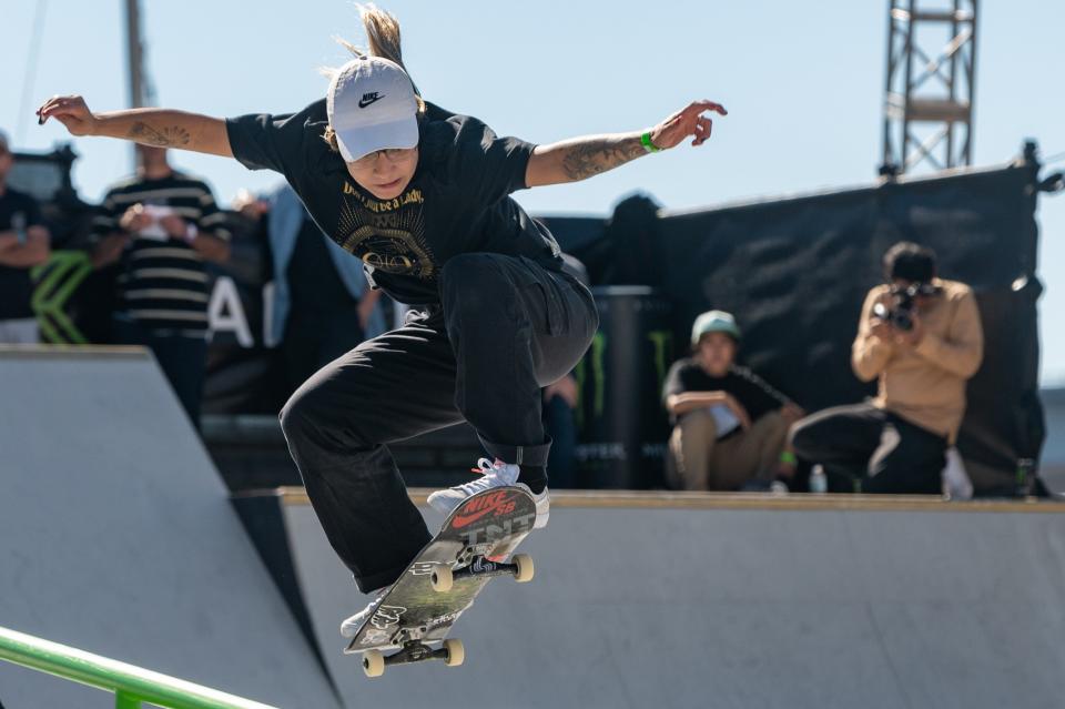 Brazil's Pamela Rosa attempts a trick in the final round of the women's competition at the 2021 Street League Skateboarding series in Jacksonville.