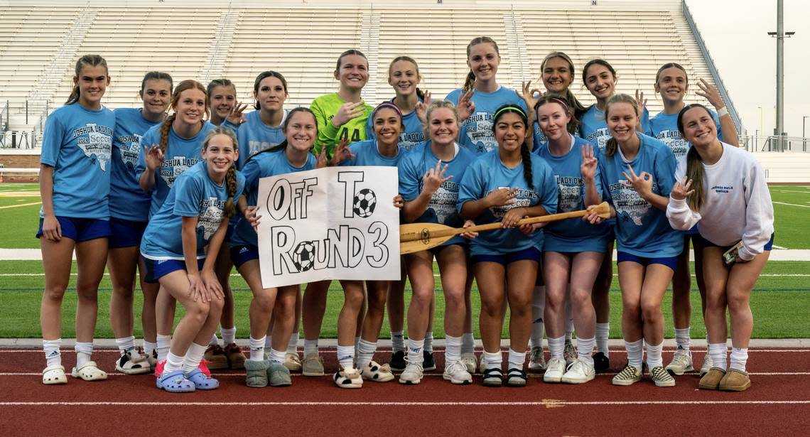 The Joshua girls soccer team poses after defeating Justin Northwest 4-1 in a Class 5A area-round girls soccer match on Friday, March 29, 2024 at Boswell High School in Fort Worth ,Texas. Oscar Perez/O&D Sports Photography