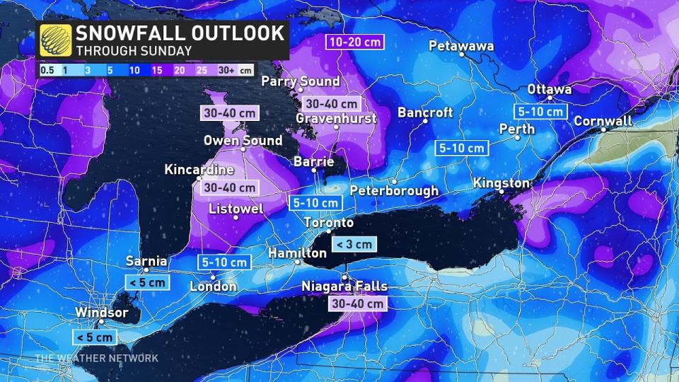 Ontario snowfall totals through Monday