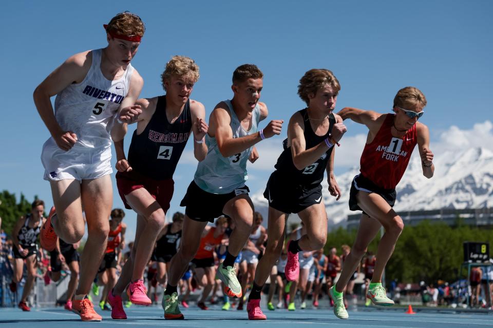 Runners start the 6A boys 3,200-meter finals at the Utah high school track and field championships at BYU in Provo on Thursday, May 18, 2023. | Spenser Heaps, Deseret News