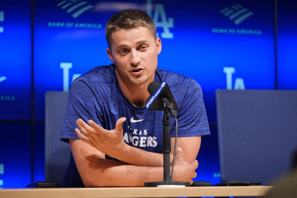 Texas Rangers' Corey Seager speaks during a news conference prior to a baseball game against the Los Angeles Dodgers Tuesday, June 11, 2024, in Los Angeles. (AP Photo/Mark J. Terrill)