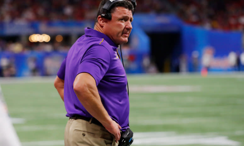 Coach O on the field during LSU vs. Oklahoma.