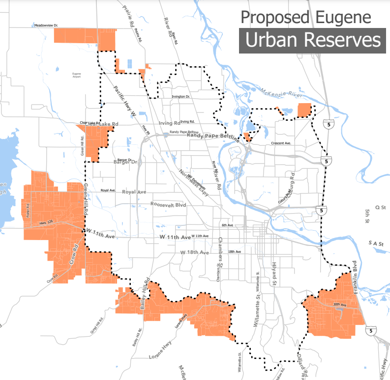 Eugene and Lane County have proposed urban reserves as the city prepares for population growth. Proposed urban reserves are shown in orange, and the dotted line is the city's urban growth boundary.