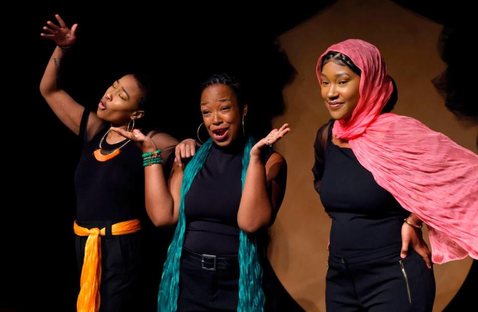 Cailin Harrison, left, Kashara Hall, center and Michelle Washington, in Three Bone Theatre’s production of “The Glorious World of Crowns, Kinks and Curls.” Playwright Keli Goff shows “the ups and downs in the beautiful struggle that is Black hair,” director Tina Kelly said, creating a complete story arc through the monologues.