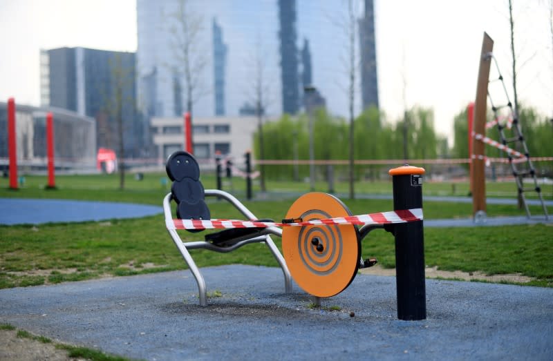 Closed exercise equipment is seen at the "Biblioteca deli Alberi" public park, amid concerns about the spread of coronavirus disease (COVID-19), in Milan