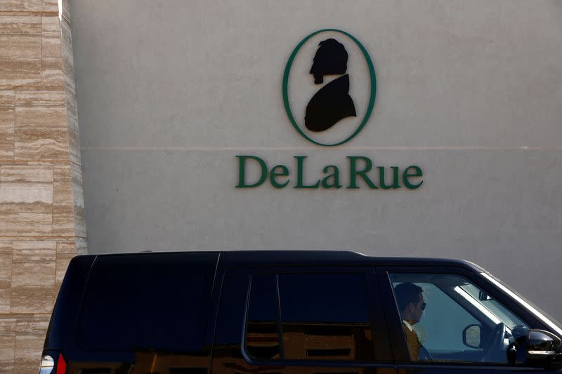 FILE PHOTO: The corporate logo of De La Rue is seen at De La Rue Malta at Bulebel Industrial Estate in Zejtun