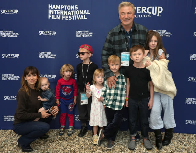 EAST HAMPTON, NEW YORK – OCTOBER 7: Actor Alec Baldwin and his wife Hilaria Baldwin and their children (L-R) Ilaria Baldwin, Eduardo Baldwin, Leonardo Baldwin, Maria Lucia Baldwin, Romeo Baldwin, Rafael Baldwin and Carmen Baldwin attend the Chairman’s Reception at the 2023 Hamptons International Film Festival on October 07, 2023 in East Hampton, New York. <em>Photo by Sonia Moskowitz/Getty Images.</em>