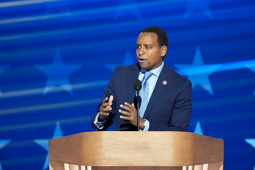 Rep. Joe Neguse, D-Colo., speaks during the final day of the Democratic National Convention at the United Center.