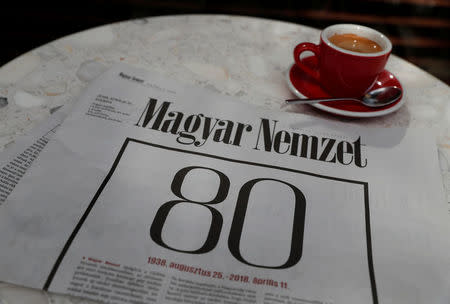 The front page of the last edition of Hungarian broadsheet daily Magyar Nemzet, is seen in Budapest, Hungary, April 11, 2018. REUTERS/Bernadett Szabo