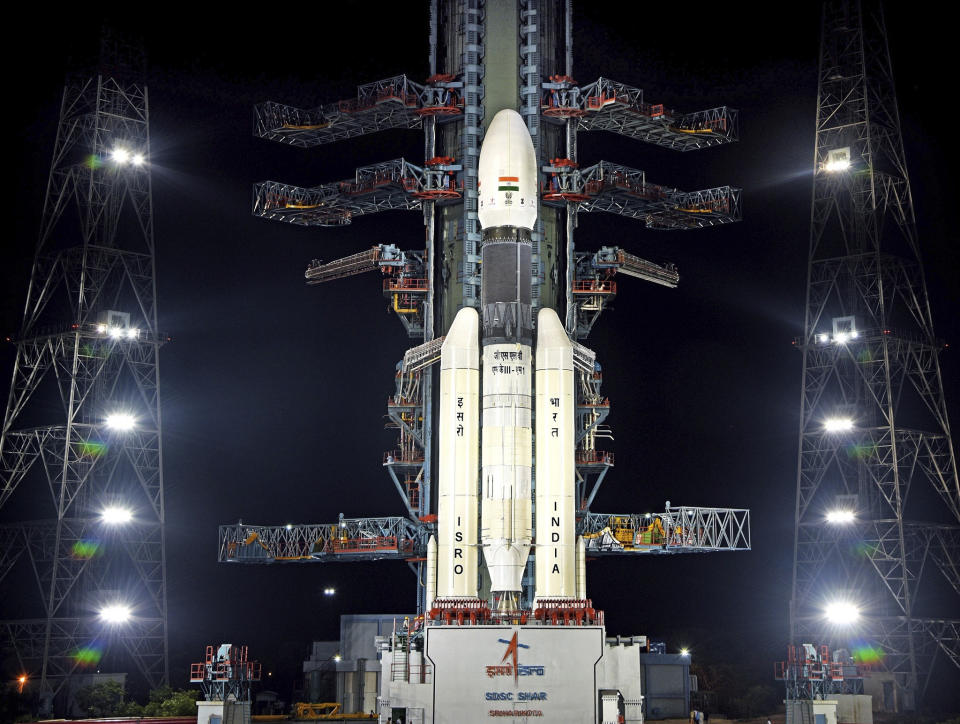 This July 2019, photo released by the Indian Space Research Organization (ISRO) shows its Geosynchronous Satellite Launch Vehicle (GSLV) MkIII-M1 at its launch pad in Sriharikota, an island off India's south-eastern coast. India’s space agency says it will launch its spacecraft to the south pole of the moon on July 22 after an aborted effort originally scheduled for July 15. (Indian Space Research Organization via AP)