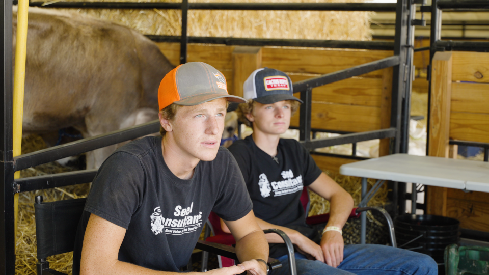 Webb Kress, left, and younger brother Tyler Kress, right, sit near the cows that they were preparing to show at the annual Darke County Fair. Both have grown up in a family of farmers and would like to continue in agriculture themselves, but the rising cost of farming today is a serious barrier to entry.