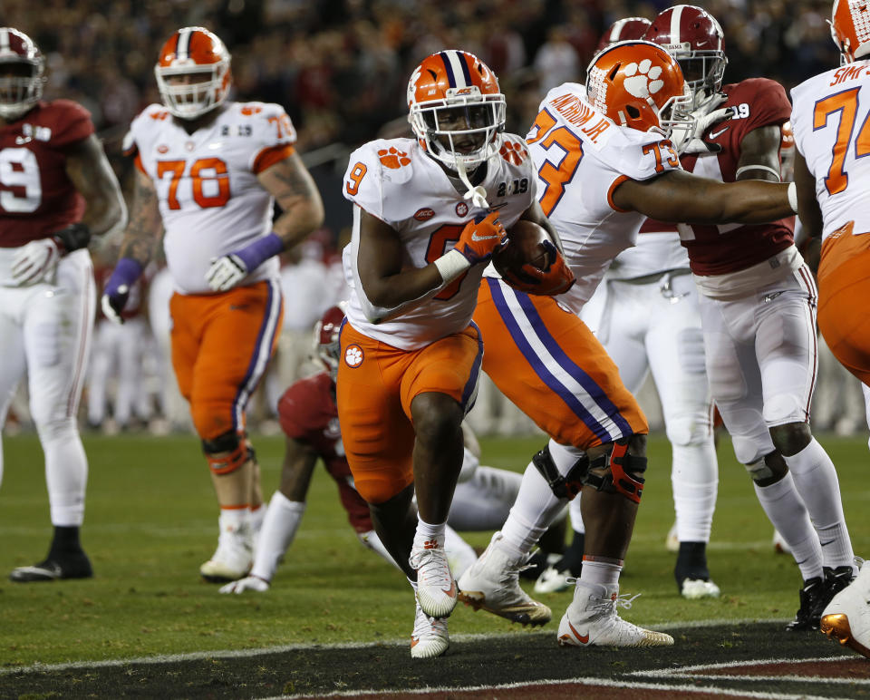 SANTA CLARA, CA - JANUARY 7: Clemson's Travis Etienne (9) scores a touchdown against Alabama in the second quarter for the College Football Playoff National Championship at Levi's Stadium in Santa Clara, Calif., on Monday, Jan. 7, 2019  (Photo by Nhat V. Meyer/MediaNews Group/The Mercury News via Getty Images)