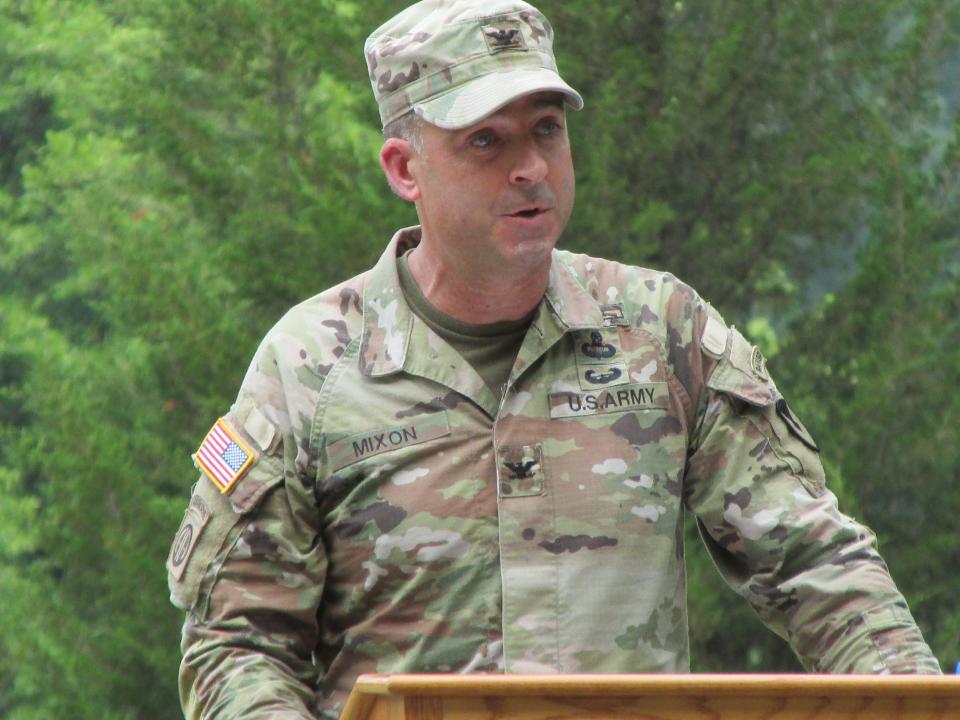 Col. K. Chad Mixon, incoming garrison commander for Fort Liberty, makes remarks during a command change ceremony Thursday, June 27, 2024, at Fort Liberty.