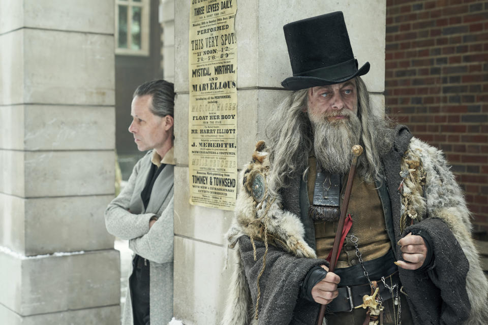 This undated photograph provided by FX Networks shows actors Guy Pearce as Ebenezer Scrooge, left, and Andy Serkis in character as the Spirit of Christmas Past in the movie ‘A Christmas Carol.’ Actor Andy Serkis says the FX Original version of the classic Dickens tale is plugged into the modern zeitgeist. Serkis plays the ghost of Christmas Past and Guy Pearce plays a tormented Scrooge. (Robert Viglasky/FX Networks via AP)