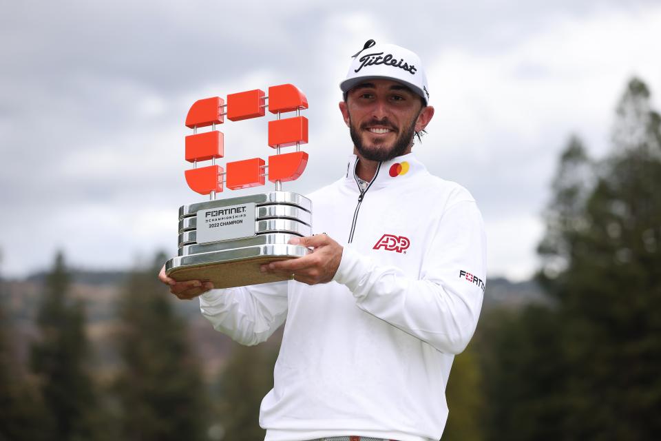 Sept. 18: Max Homa celebrates with the trophy after winning the Fortinet Championship at Silverado Resort and Spa North course in Napa, California.