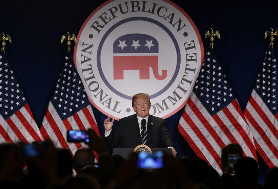 Former president Donald Trump speaking at the Republican National Committee winter meeting at the Trump International Hotel on February 1, 2018, in Washington, D.C. (Photo by Olivier Douliery-Pool/Getty Images)