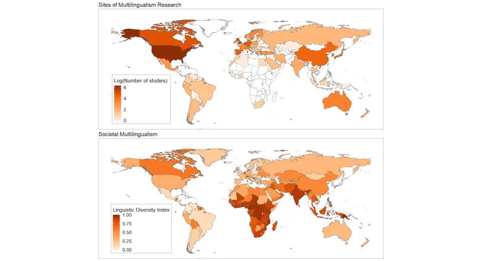 Two maps showing the disconnect between where multilingual researchers conduct their work (top) and where the world’s most multilingual societies are located. Authors supplied